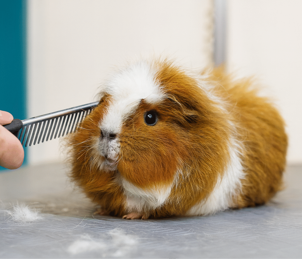 Toilettage d’un cochon d’Inde, brossage du pelage dans un salon spécialisé NAC.