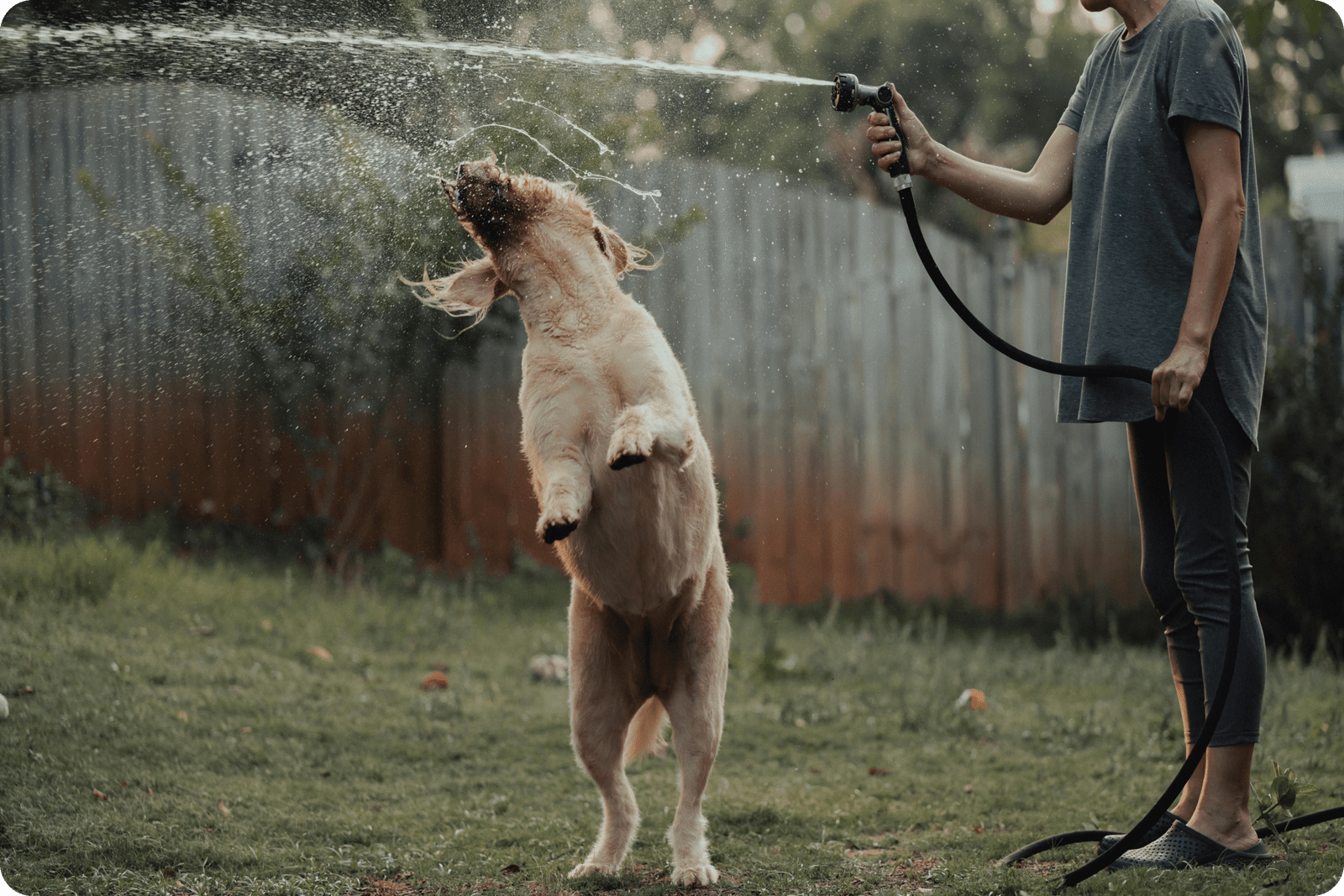 Chien qui joue avec un jet d’eau dans le jardin – jeux d’eau chien